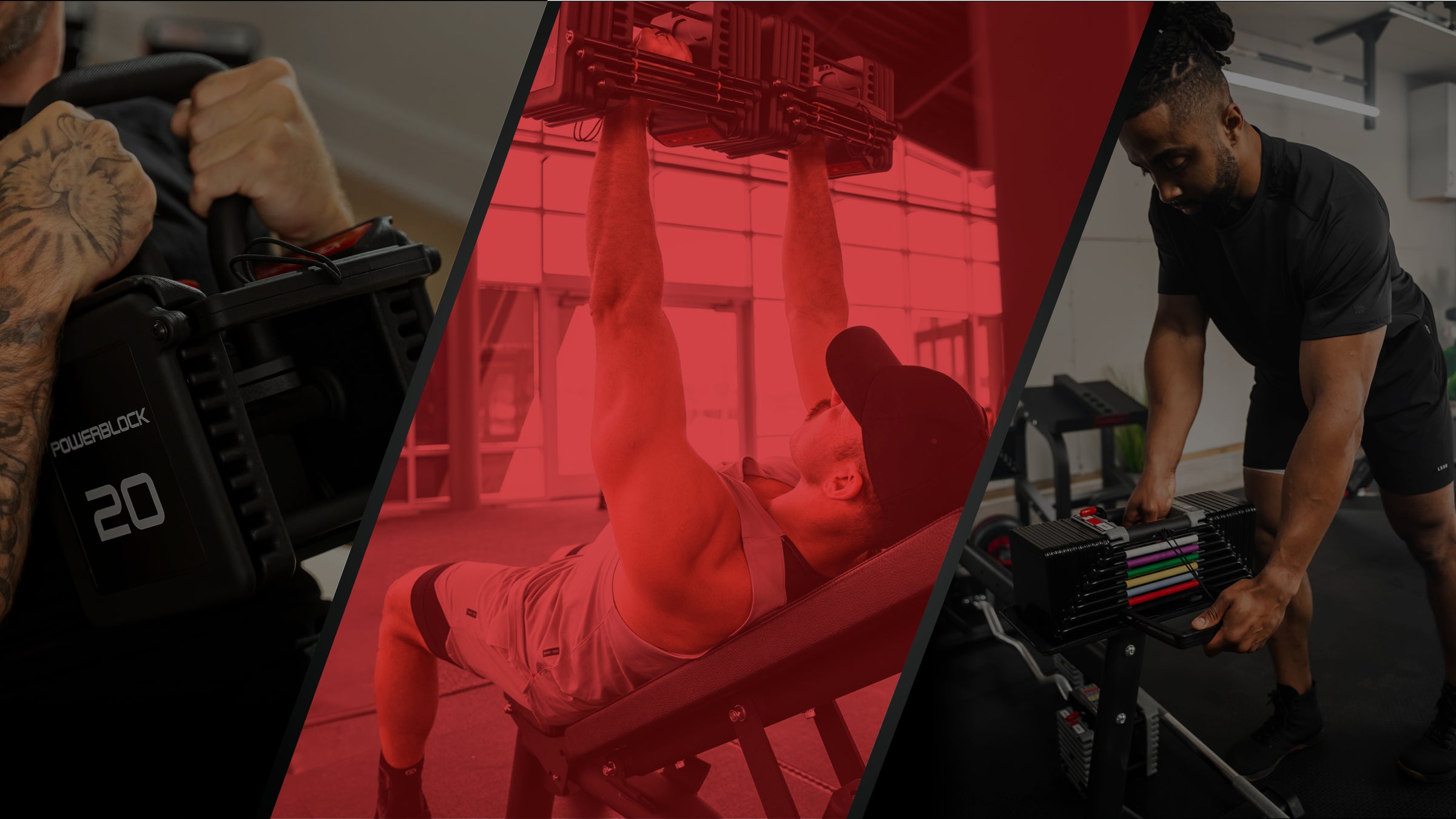 A three-panel image showing exercises using PowerBlock Adjustable Dumbbells.