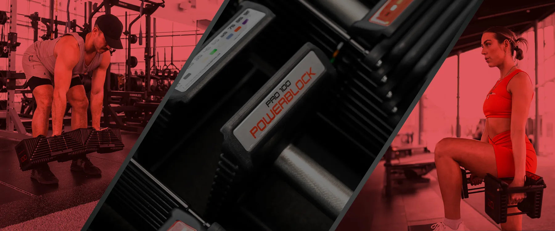PowerBlock commercial adjustable dumbbells being used in a professional gym.