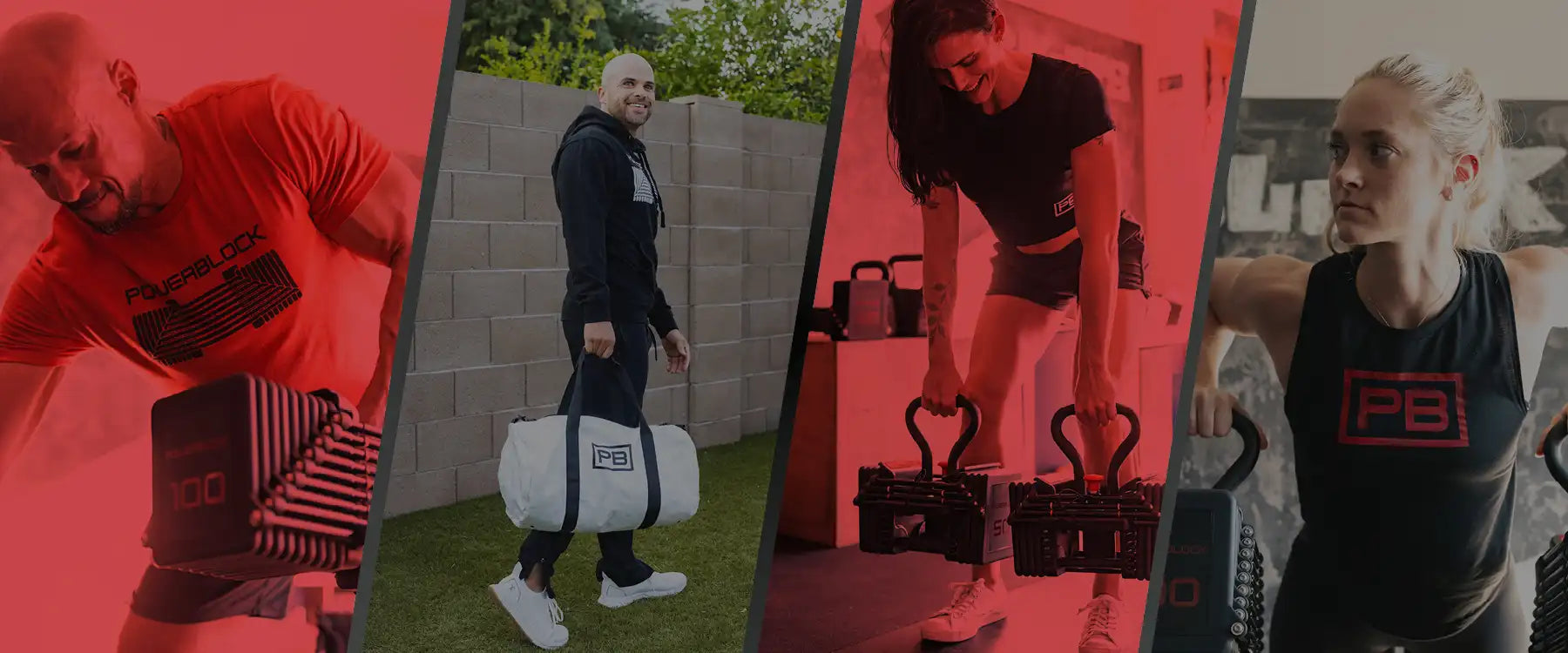 Fit men and women working out with PowerBlock shirts, tank tops, sweatshirts, and carrying a gym bag.