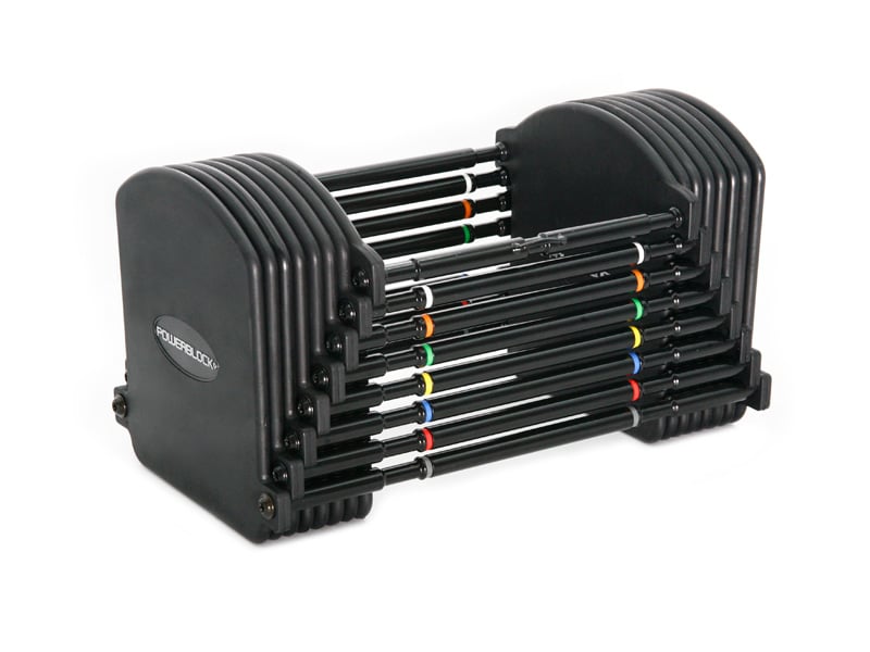 A set of weight plates that are available for PowerBlock’s Pro 50 adjustable dumbbells.