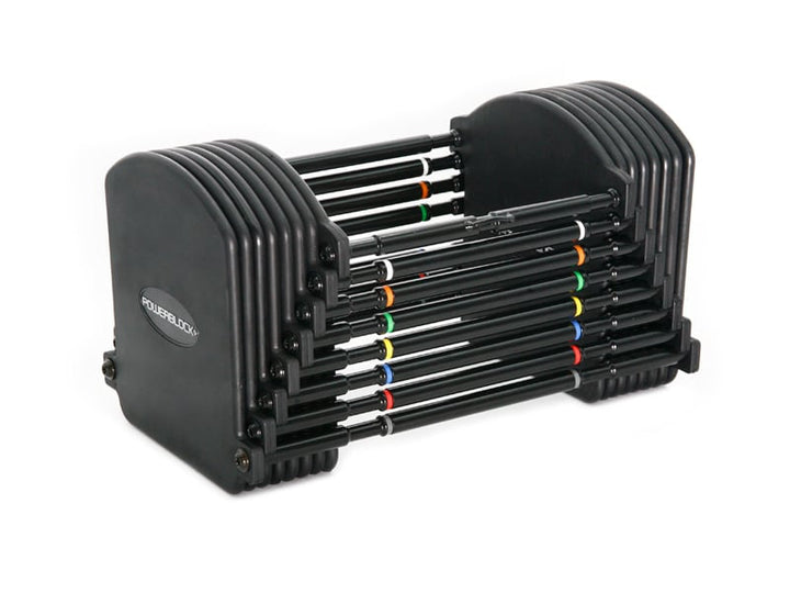 A set of weight plates that are available for PowerBlock’s Pro 50 adjustable dumbbells.