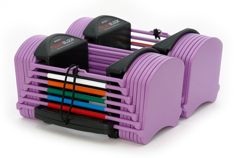 Lavender PowerBlock Sport 24 Adjustable Dumbbells.