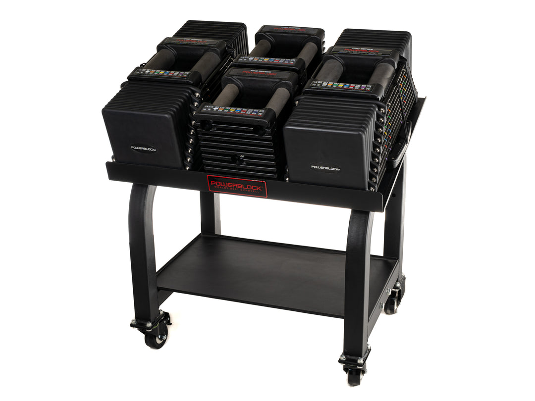 A complete set of PowerBlock Commercial Pro 175 Adjustable Dumbbells on a stand with wheels.