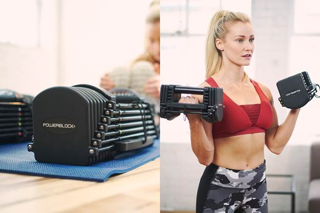 powerblock adjustable dumbbells closeup and a female athlete performing bicep curls