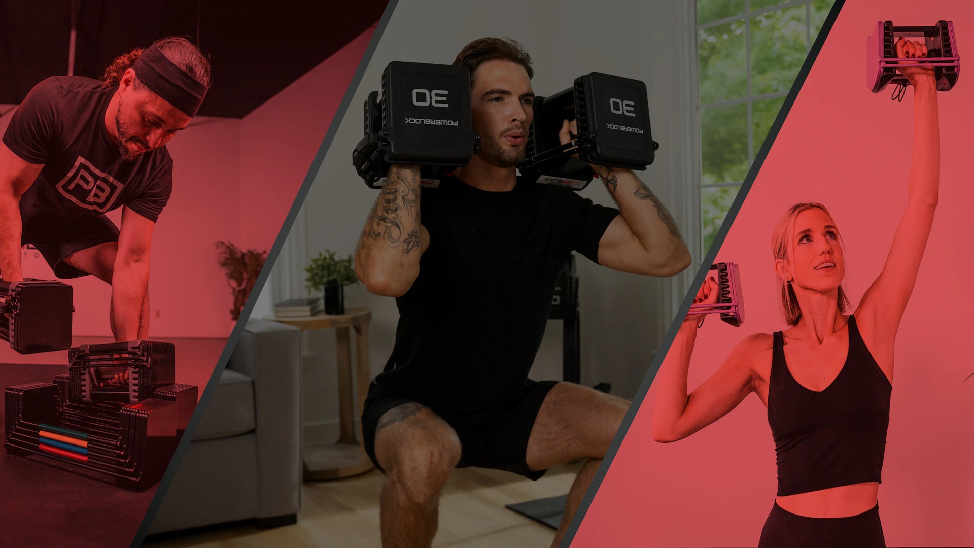 athletes workout with their PowerBlock adjustable dumbbells in a home gym. They adjust weights, perform a squat, and shoulder press.