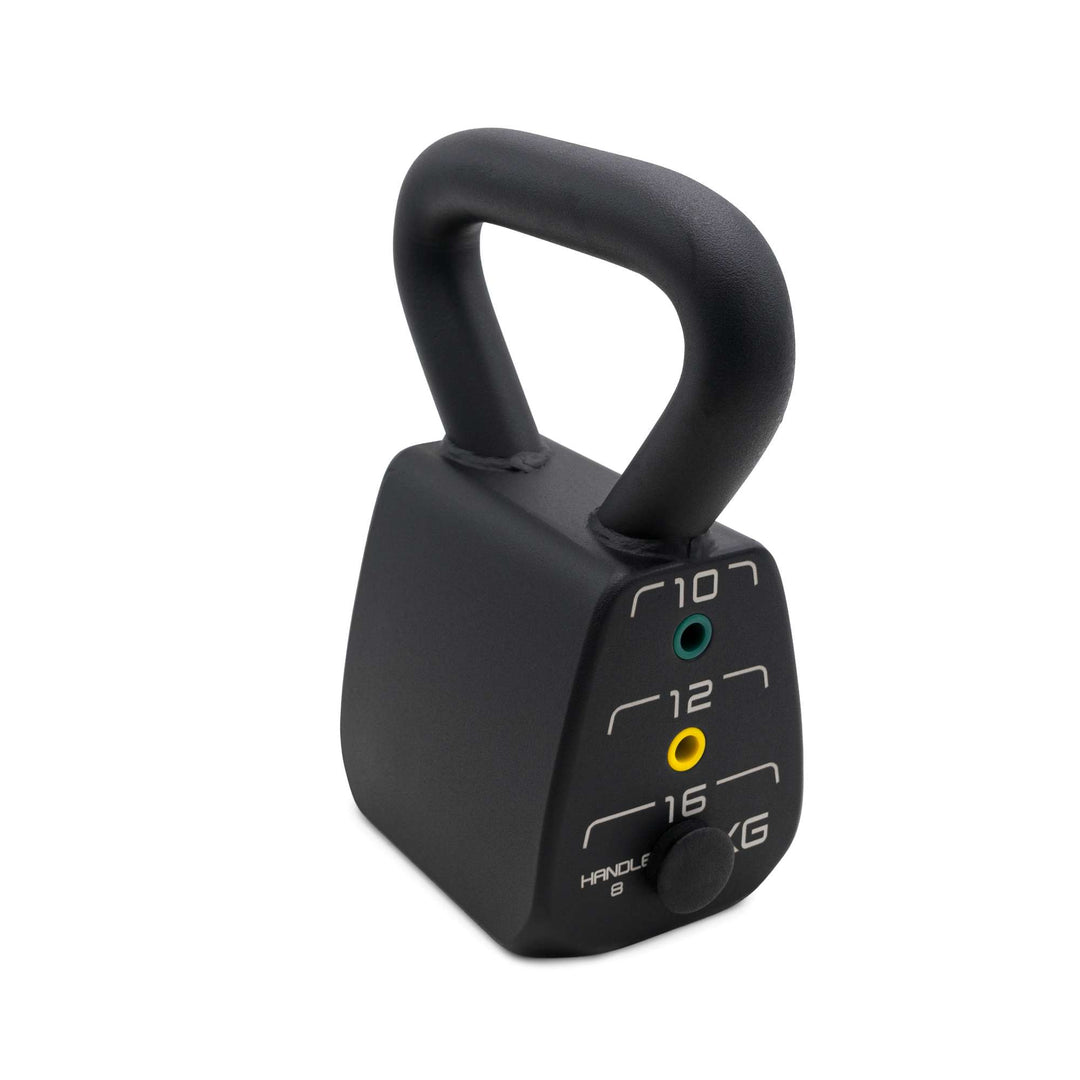 PowerBlock adjustable kettlebell, shown with 4 adjustable weights. 8, 10, 12, and 16 KG increments.