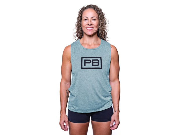 Women wearing Blue PowerBlock Womens Scoop Muscle Tank.