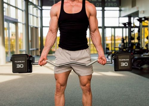 Man doing arm curls with the pro 100 exp EZ curl bar