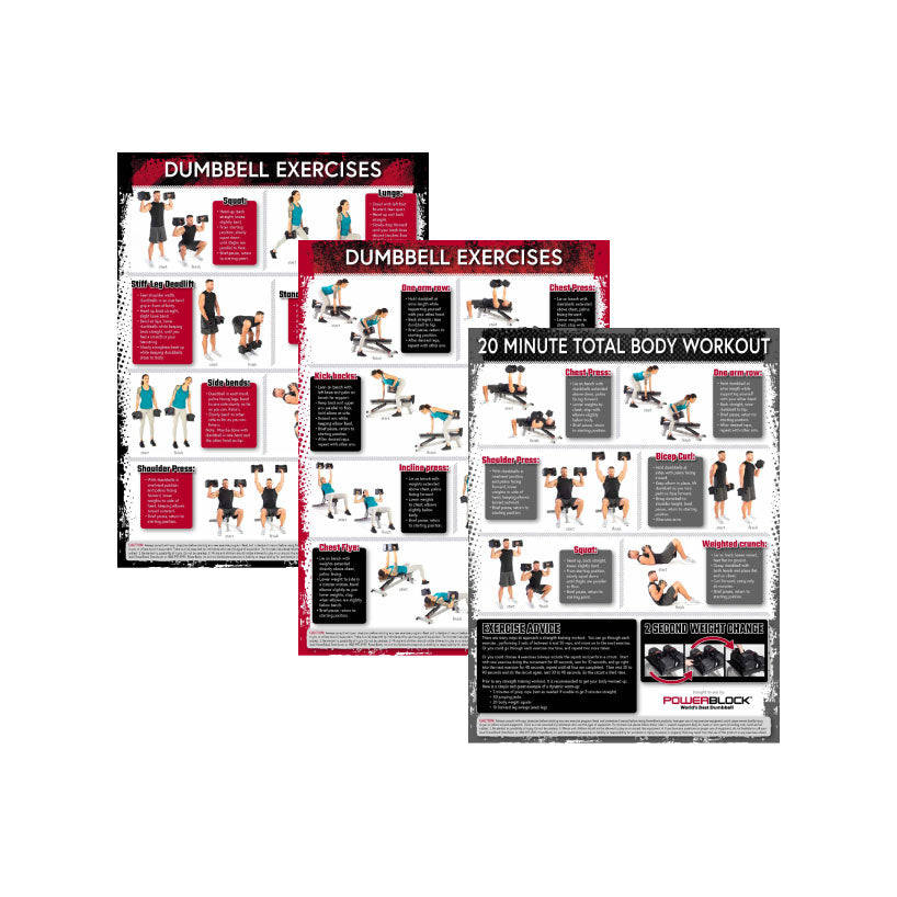 PowerBlock poster pack showing 3 different posters with workout movements and how to do them.