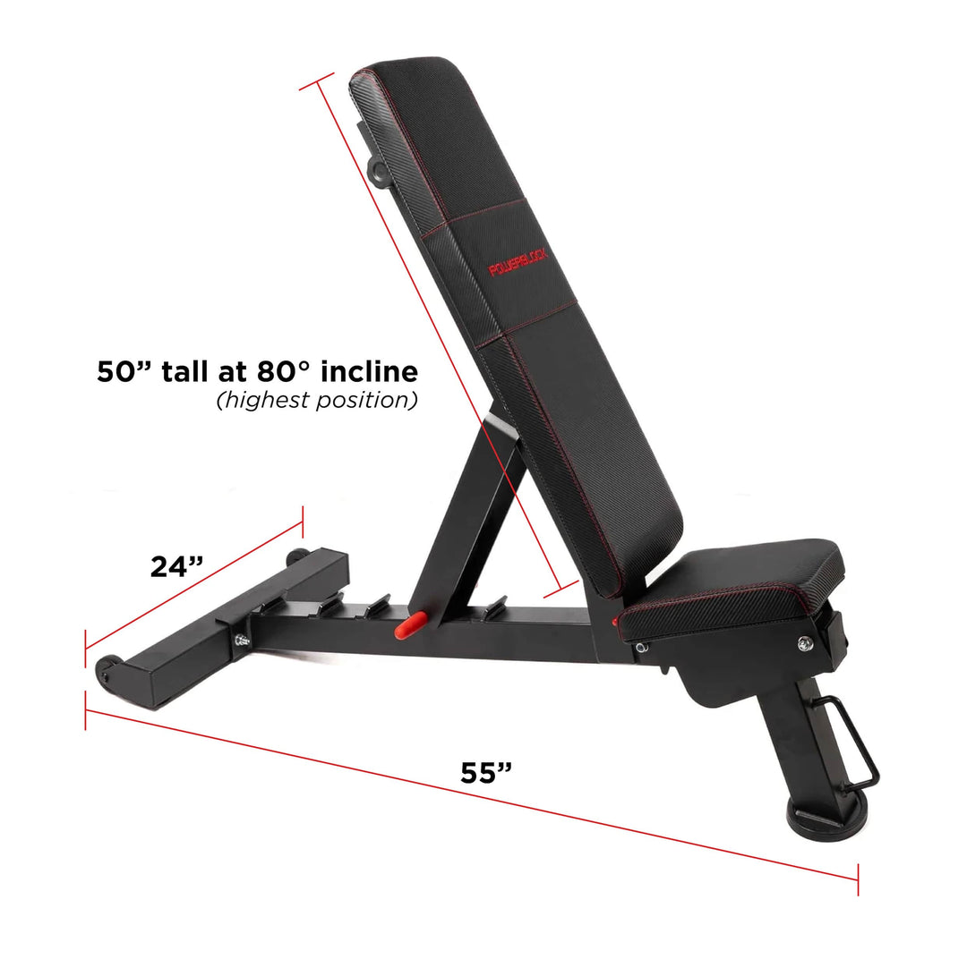Upright PowerBench 2.0 showing the dimension at 80 degree incline which is 50 inches