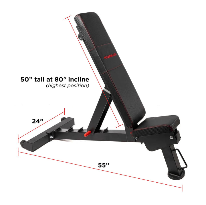 Upright PowerBench 2.0 showing the dimension at 80 degree incline which is 50 inches