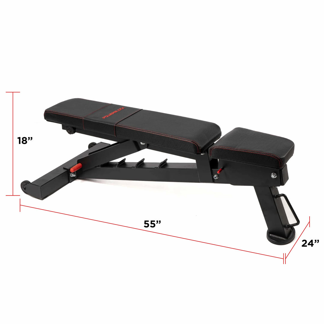 Powerbench 2.0 in lay flat position showing dimensions at 55" L x 24" W x 18" H