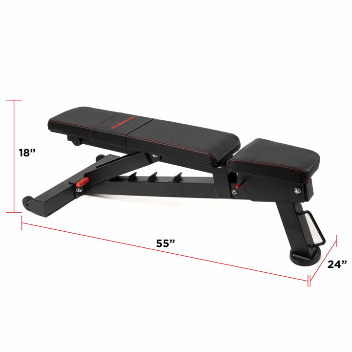 Powerbench 2.0 in lay flat position showing dimensions at 55" L x 24" W x 18" H