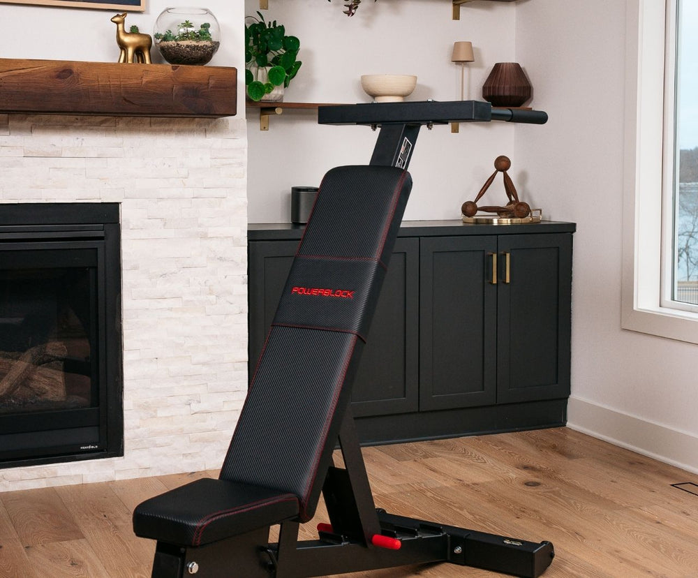 PowerBench 2.0 dip attachment in a home gym.