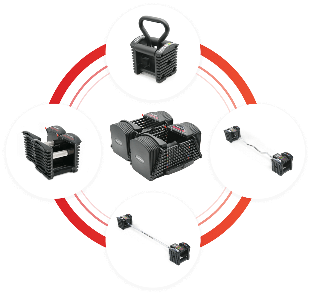 Graphic showing the compatible products with the PowerBlock Pro 50 adjustable dumbbell. A straight barbell, ez curl bar, knurled grip handles, and a kettlebell handle.
