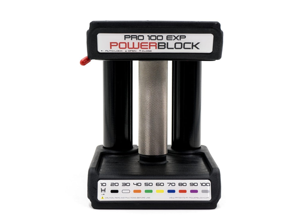 Front view of a PowerBlock Pro 100 EXP knurled grip handle showing the weight adjustments.
