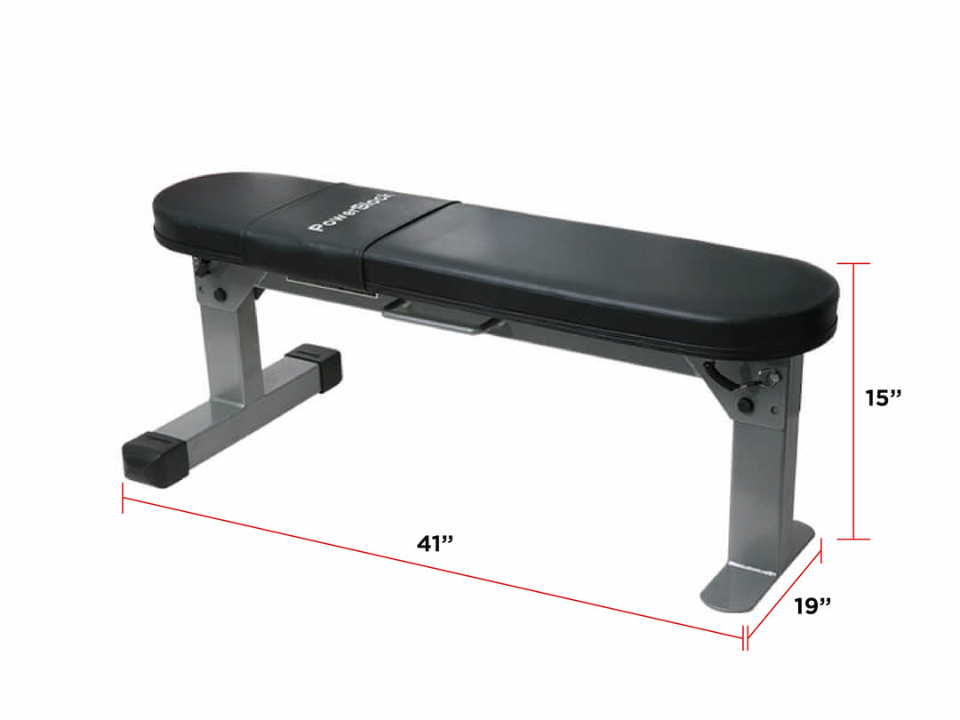 PowerBlock Travel Bench with the legs extended showing the dimesions of the product at 41" L x 19" W x 15" H