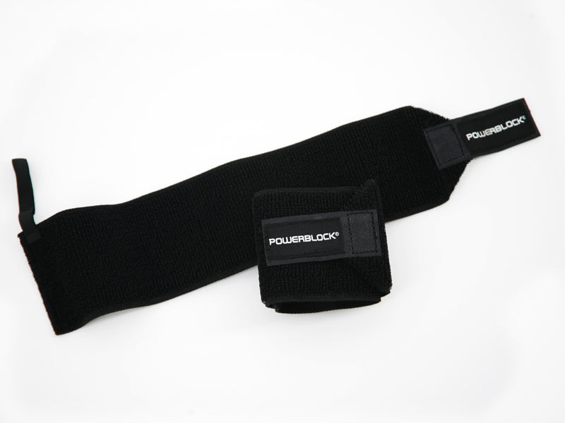 A pair of PowerBlock wrist wraps, one looped shut and one unwrapped to demonstrate dimensions.