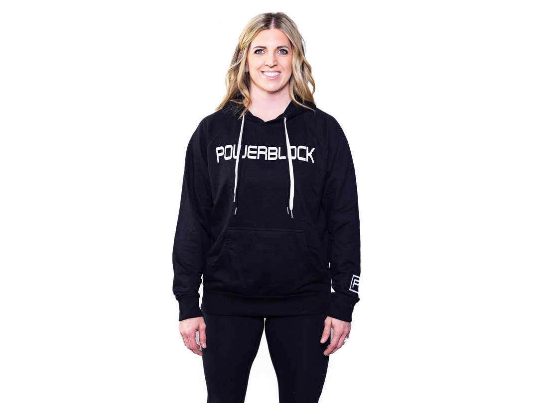 Front view of woman in PowerBlock Black Classic Hoodie.