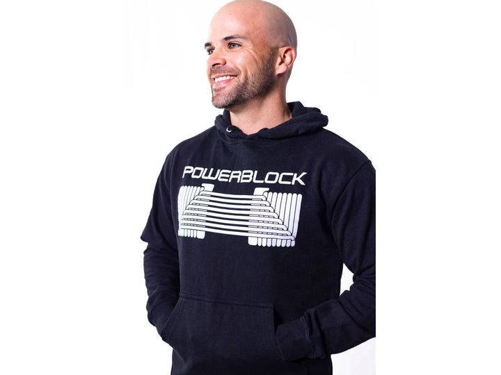 3/4 view of man in Black PowerBlock Mid Hoodie.