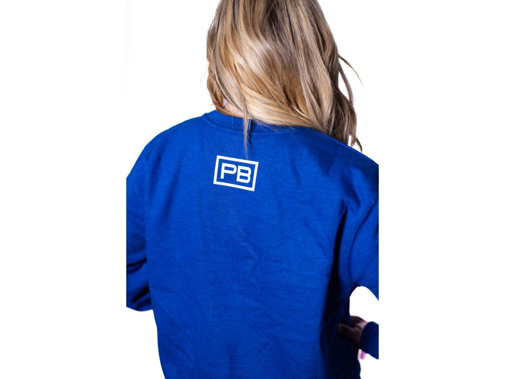 Back detail of Blue PowerBlock crewneck sweatshirt.