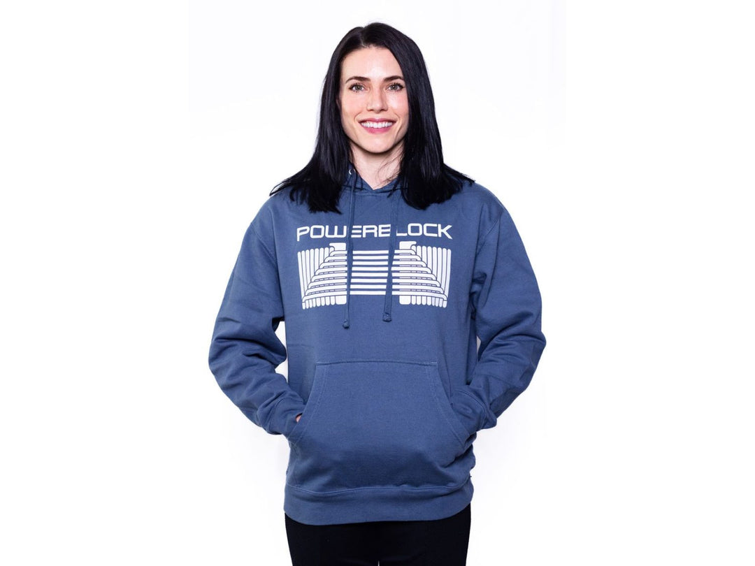 Woman wearing a Blue PowerBlock Mid Hoodie.