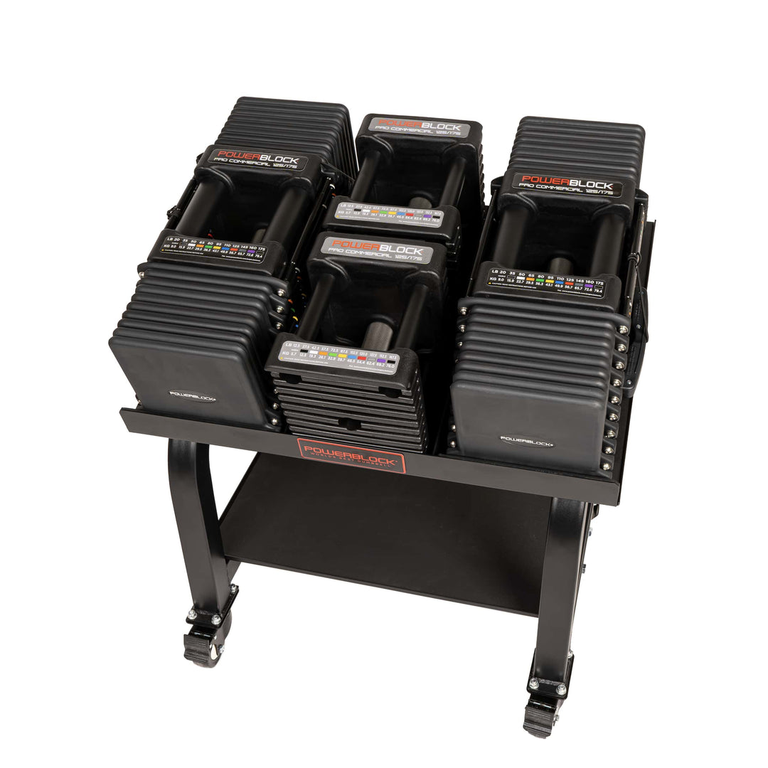 PowerBlock Commercial Pro 175 adjustable dumbbells with knurled grips on a Pro Max stand.  Shown with a pair of 12.5 and 20lb handles.