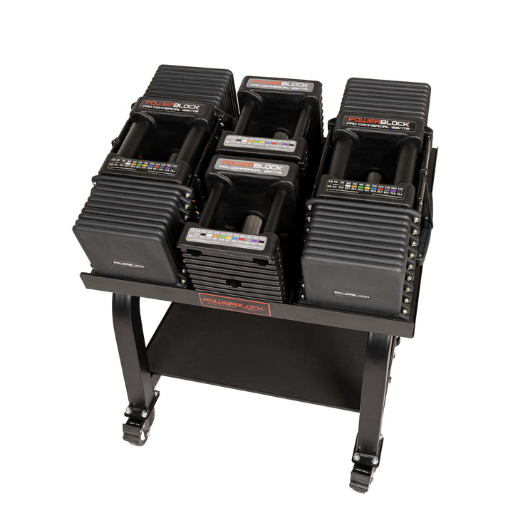 PowerBlock Commercial Pro 175 adjustable dumbbells with knurled grips on a Pro Max stand.  Shown with a pair of 12.5 and 20lb handles.