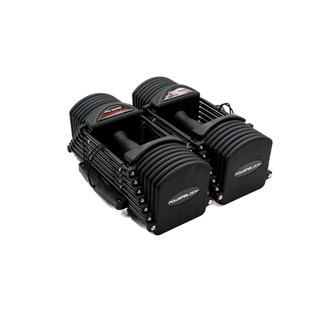 A pair of PowerBlock Commercial Pro 32 adjustable dumbbells