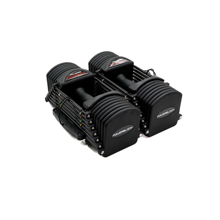 A pair of PowerBlock Commercial Pro 32 adjustable dumbbells