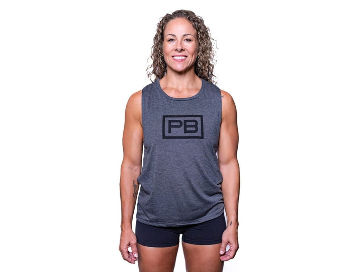 Women wearing Grey PowerBlock Womens Scoop Muscle Tank.