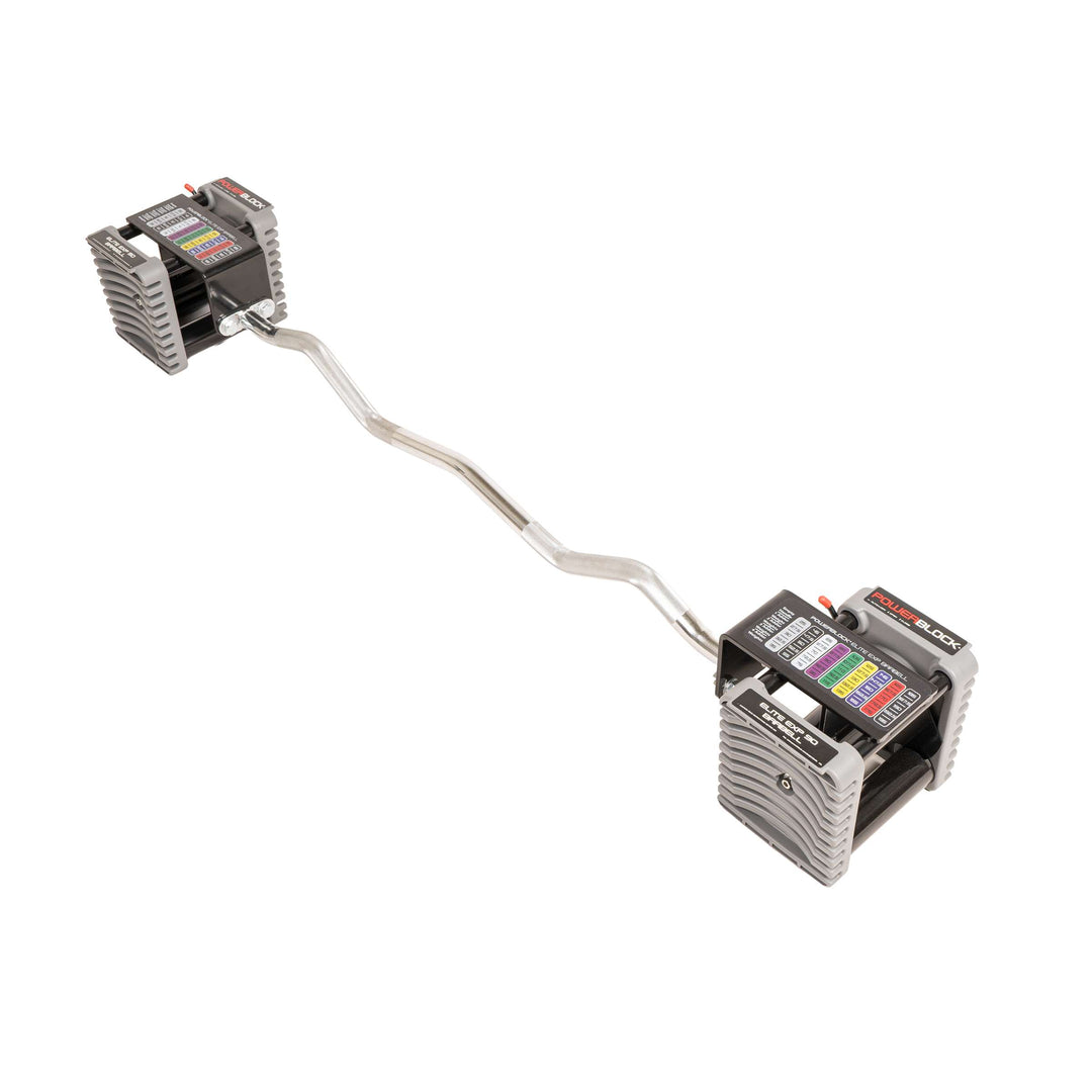 PowerBlock Elite EXP 90 EZ Curl Bar in a studio white background
