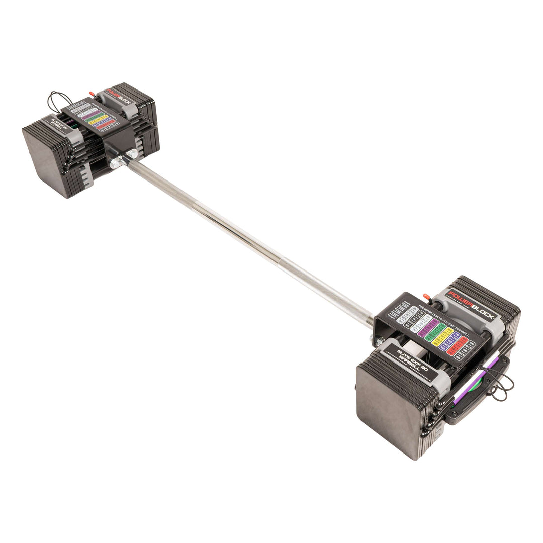 PowerBlock Elite EXP 90 Straight bar barbell attachment with dumbbells attached shown in a studio background