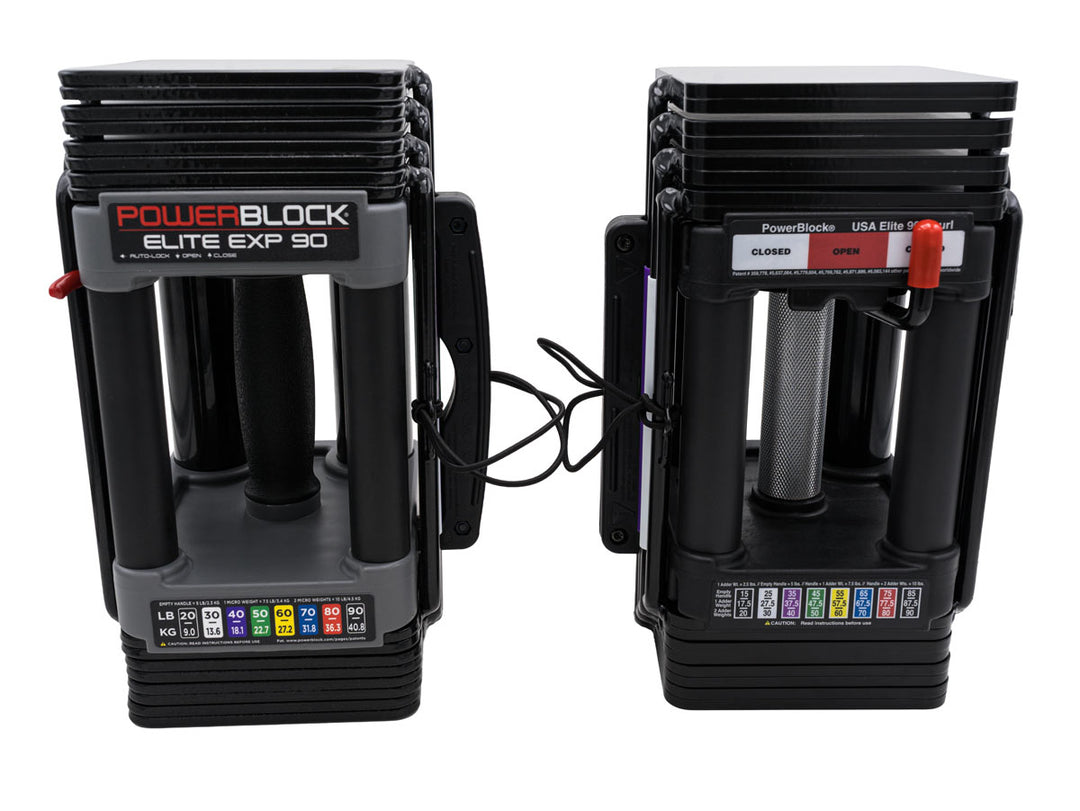 The PowerBlock ELITE EXP 90 and Elite USA adjustable dumbbells shown side by side to show their similarities and differences. 
