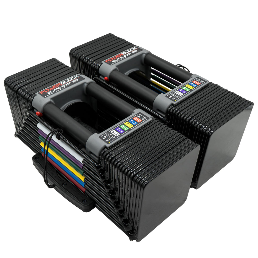 PowerBlock Elite EXP with stage 2 and 3 expansion kits. 9 to 40.8kg adjustable dumbbells.