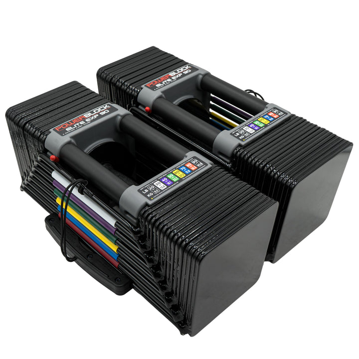 PowerBlock Elite EXP with stage 2 and 3 expansion kits. 9 to 40.8kg adjustable dumbbells.