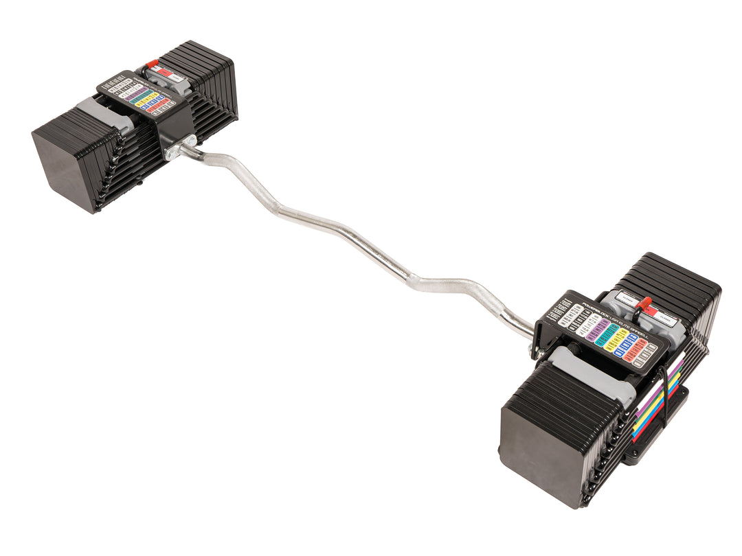 PowerBlock Elite USA EZ Curl bar, an adjustable barbell with 90 pound adjustable dumbbells attached in a white studio background