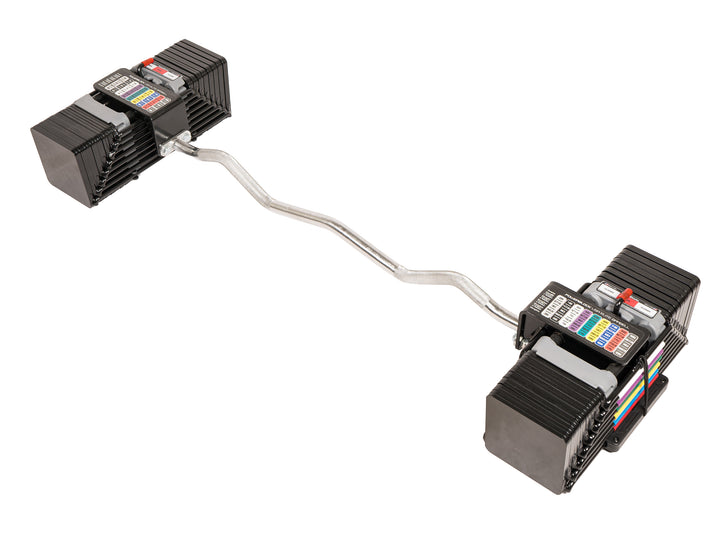 PowerBlock Elite USA EZ Curl bar, an adjustable barbell with 90 pound adjustable dumbbells attached in a white studio background