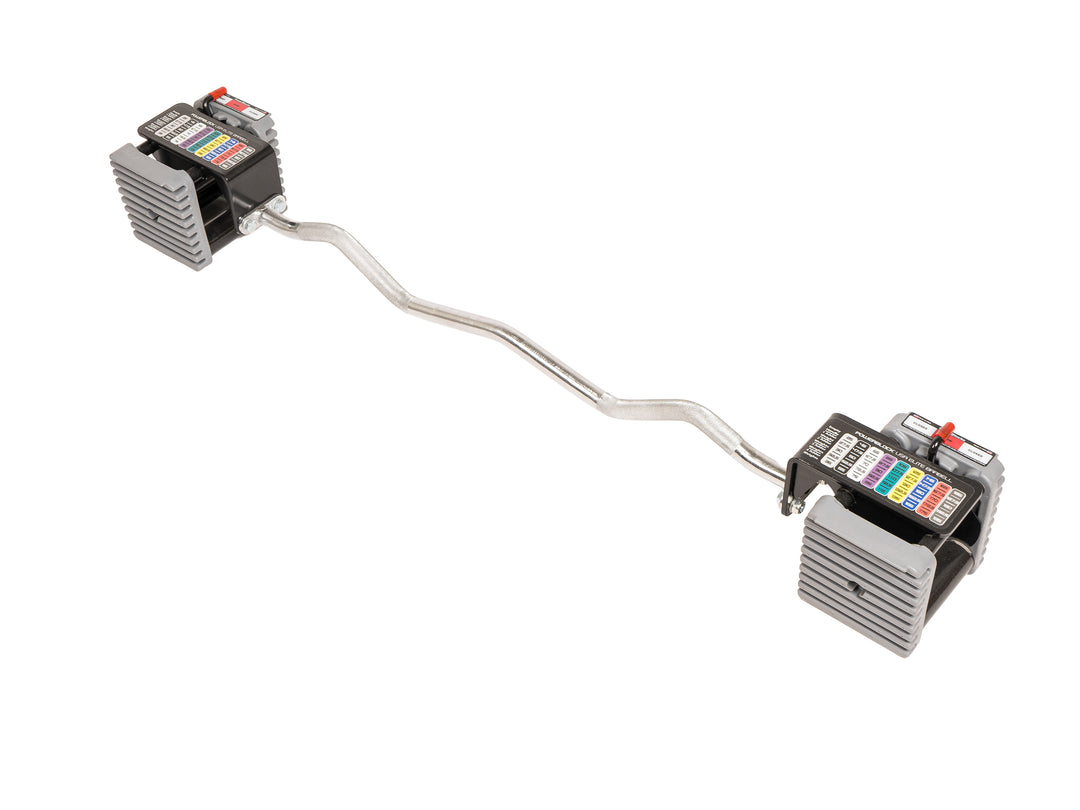 PowerBlock Elite USA EZ Curl bar, an adjustable barbell without adjustable dumbbells in a white studio background
