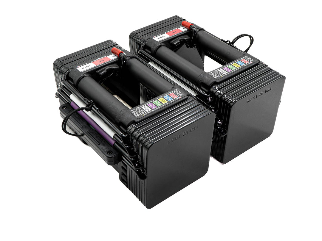 PowerBlock Elite USA adjustable dumbbells stage one. Shown at with a selectable weight range of 5 to 50 pounds. 