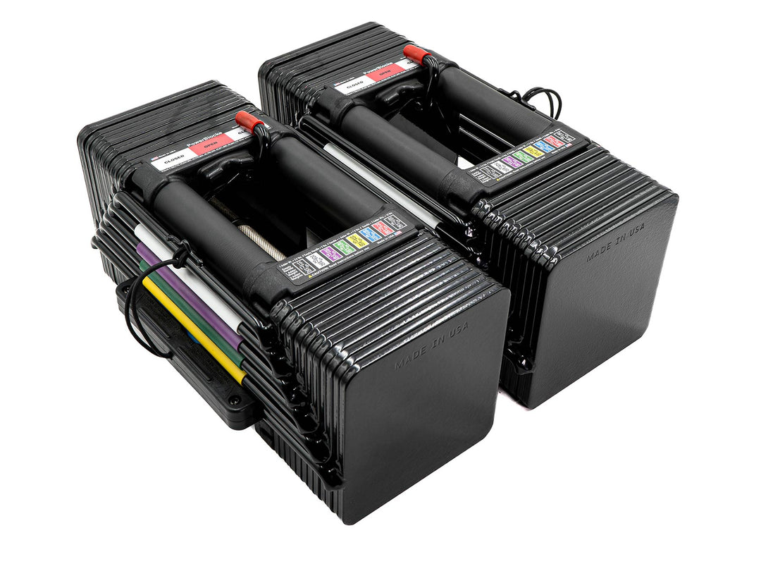 PowerBlock Elite USA adjustable dumbbells stage one and two. Shown at with a selectable weight range of 5 to 70 pounds. 