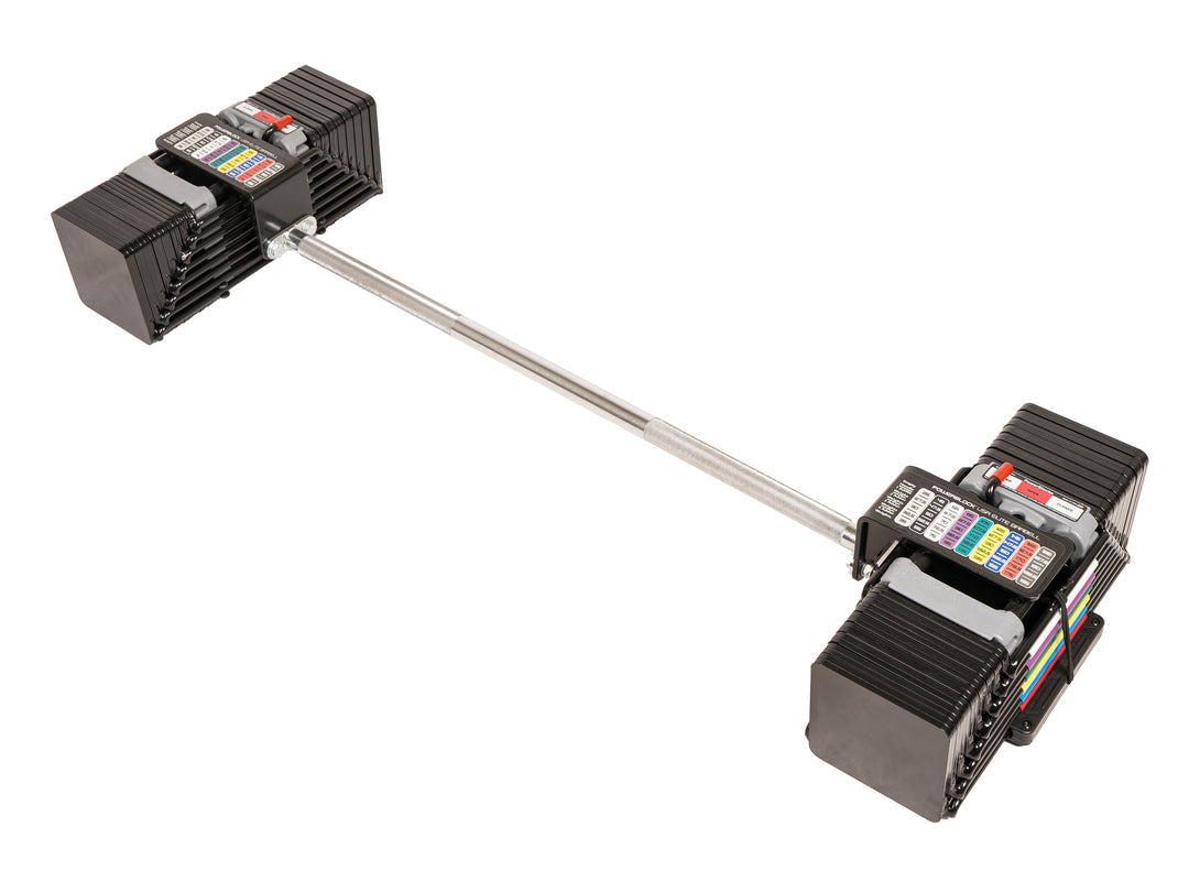 PowerBlock Elite USA Straight bar in studio, showing adjustable dumbbells attached 