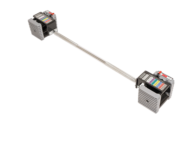 PowerBlock Elite USA Straight bar in studio, showing knurled grip without adjustable dumbbells attached.