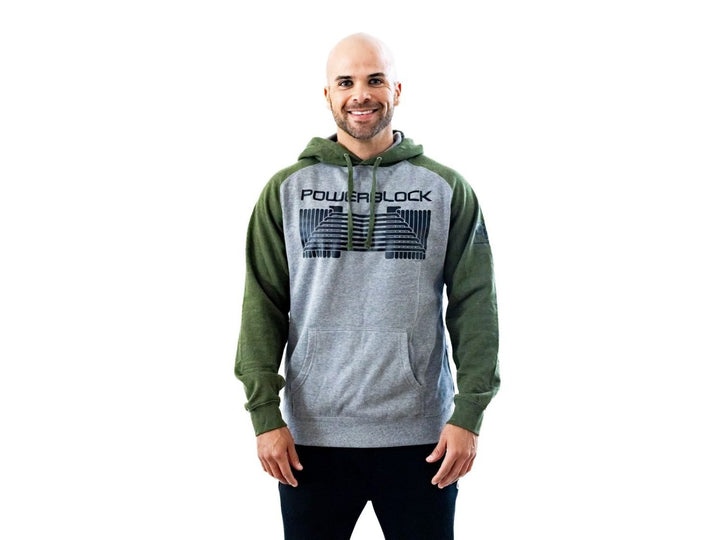 Front view of man in PowerBlock Green Classic Hoodie.