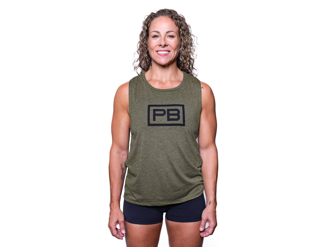 Women wearing Olive Green PowerBlock Womens Scoop Muscle Tank.