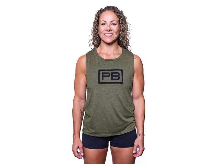 Women wearing Olive Green PowerBlock Womens Scoop Muscle Tank.