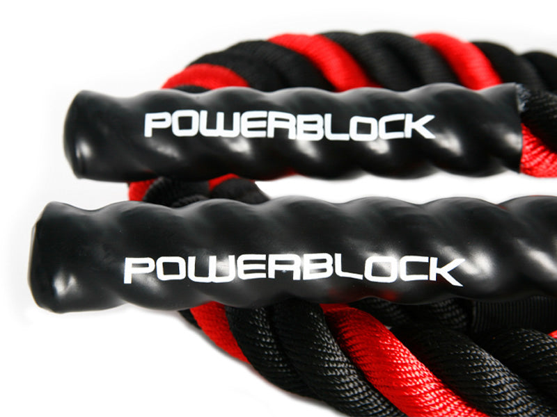 Close-up of PowerBlock logo on Heavy Jump Rope handles.