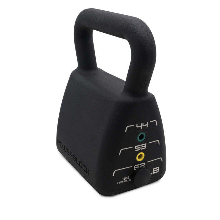 PowerBlock heavy adjustable kettlebell showing selectable weights with pin. Selectable weights are 35, 44, 53, and 62 pounds. 