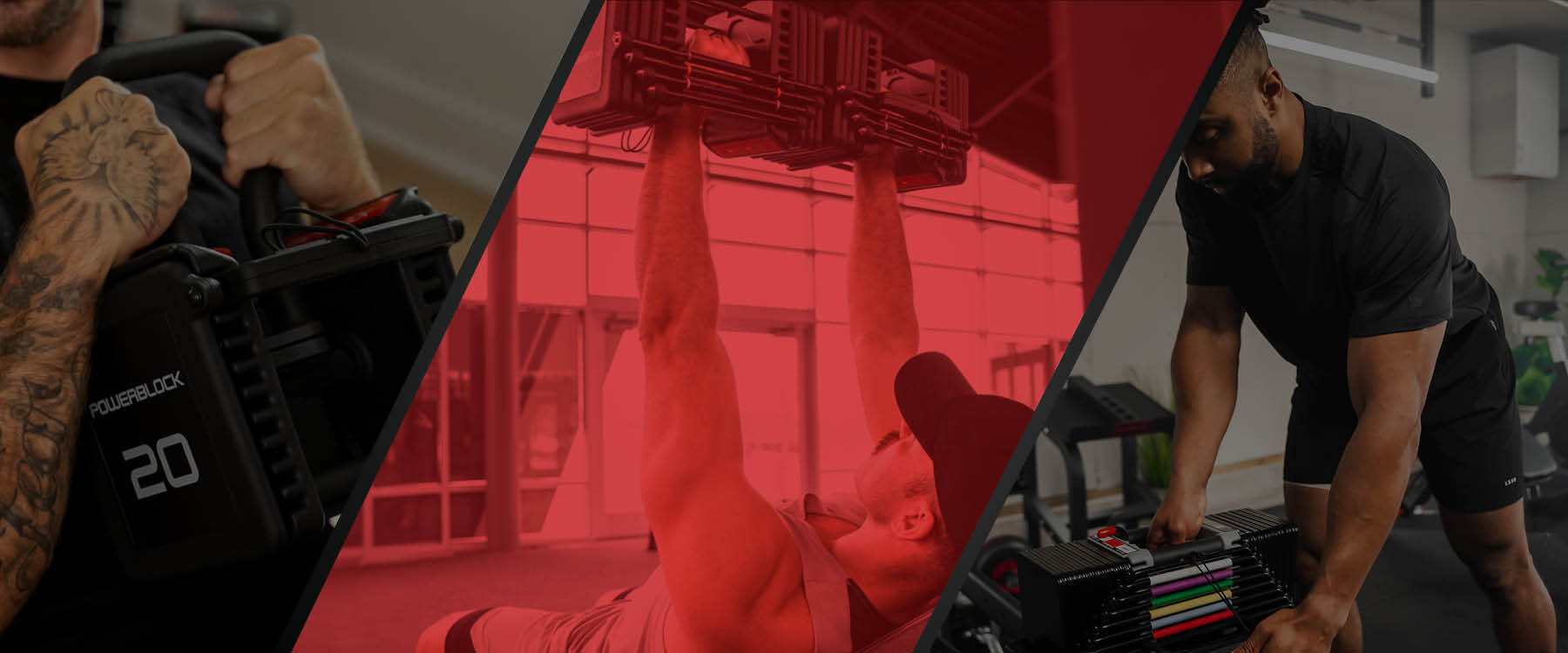 A three-paned photo banner with a person from left to right: Using the PowerBlock Pro 100 kettlebell, incling bench pressing two adjustable dumbbells, and reaching for an Elite USA 90 adjustable dumbbell