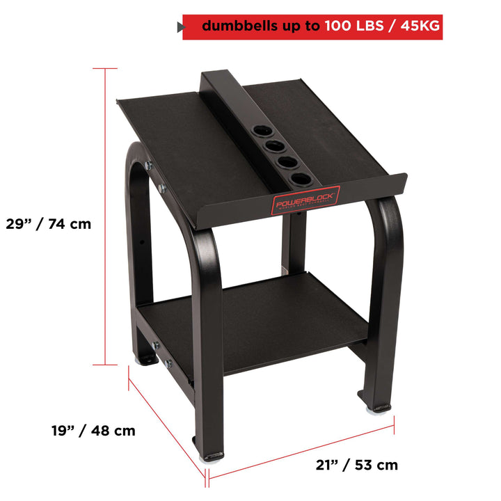 Home rack stand shown with dimensions, holds a pair of dumbbells up to 100 lbs or 45 kg.  Inch dimensions are 21 wide, 19 deep, 29 high. Centimeter dimensions of 53 wide, 48 deep, 74 high.